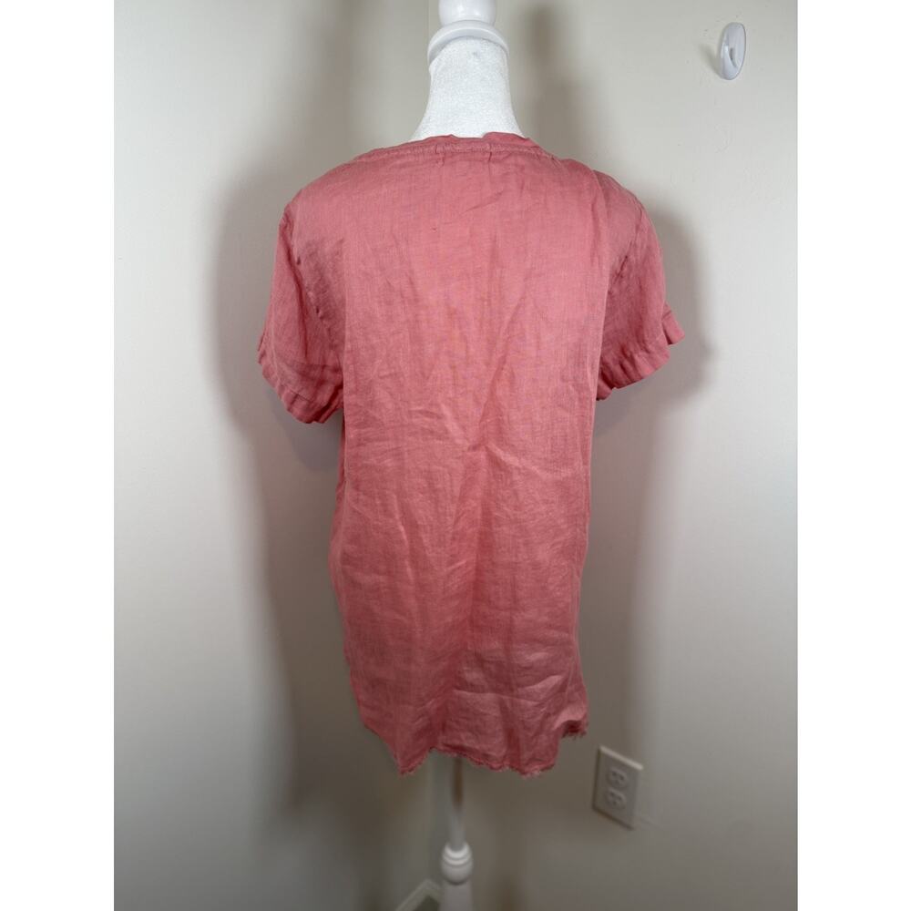 Bella Dahl Linen V Neck Top Peach Short Sleeve Raw Hem Women's M Boho Lagenlook - Picture 3 of 11